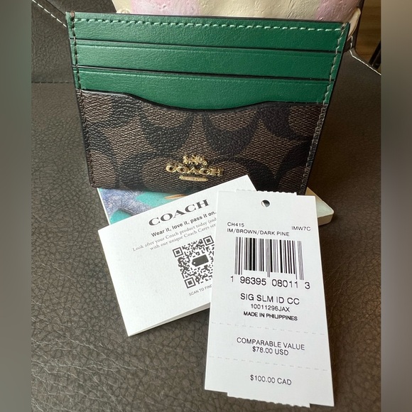 Coach Signature Slim Card Holder - Dark Pine and Brown Color - Picture 5 of 7